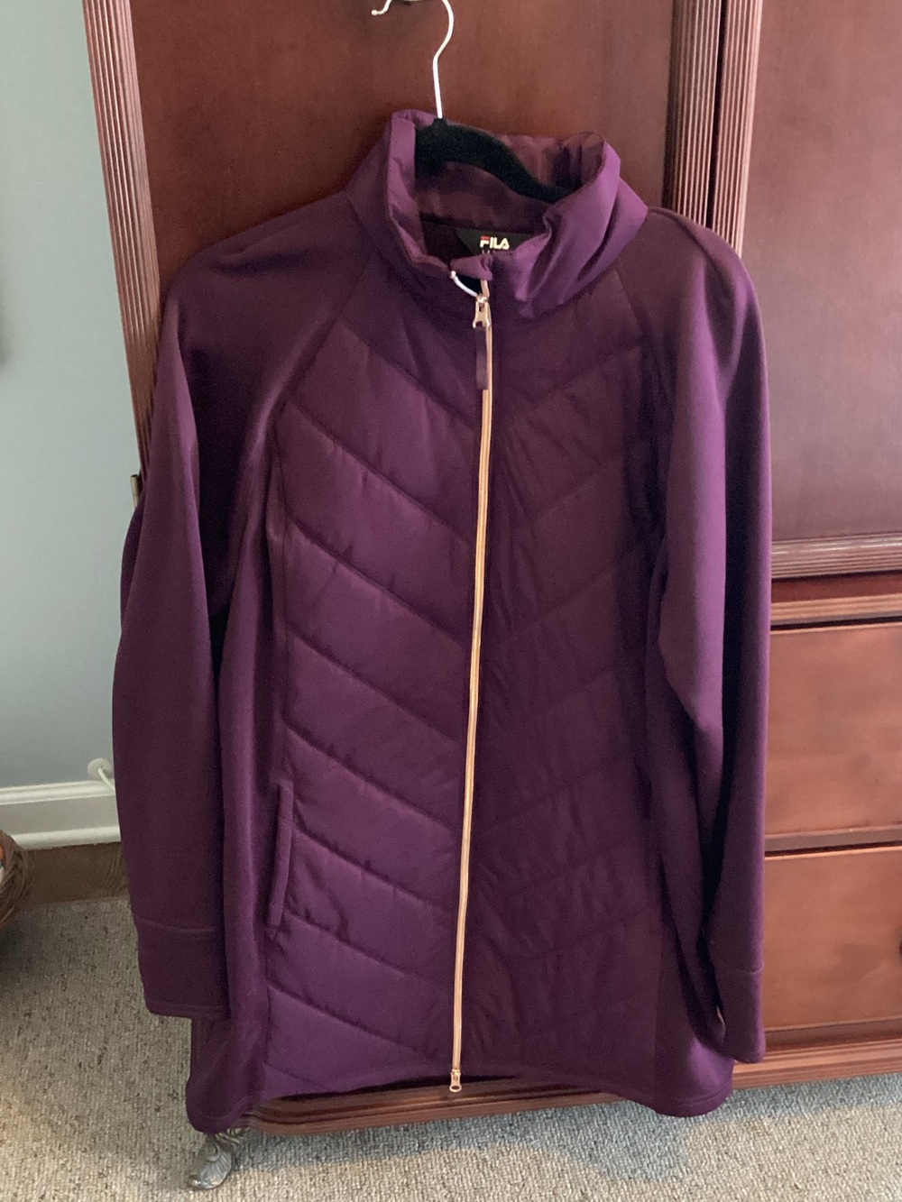 Fila Women's Quilted Puffer Jacket in Deep Plum with Gold Zipper
